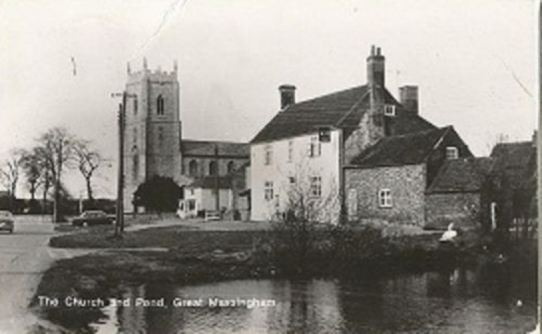 Photograph. Postcard- the church and pond (Great Massingham Archive).